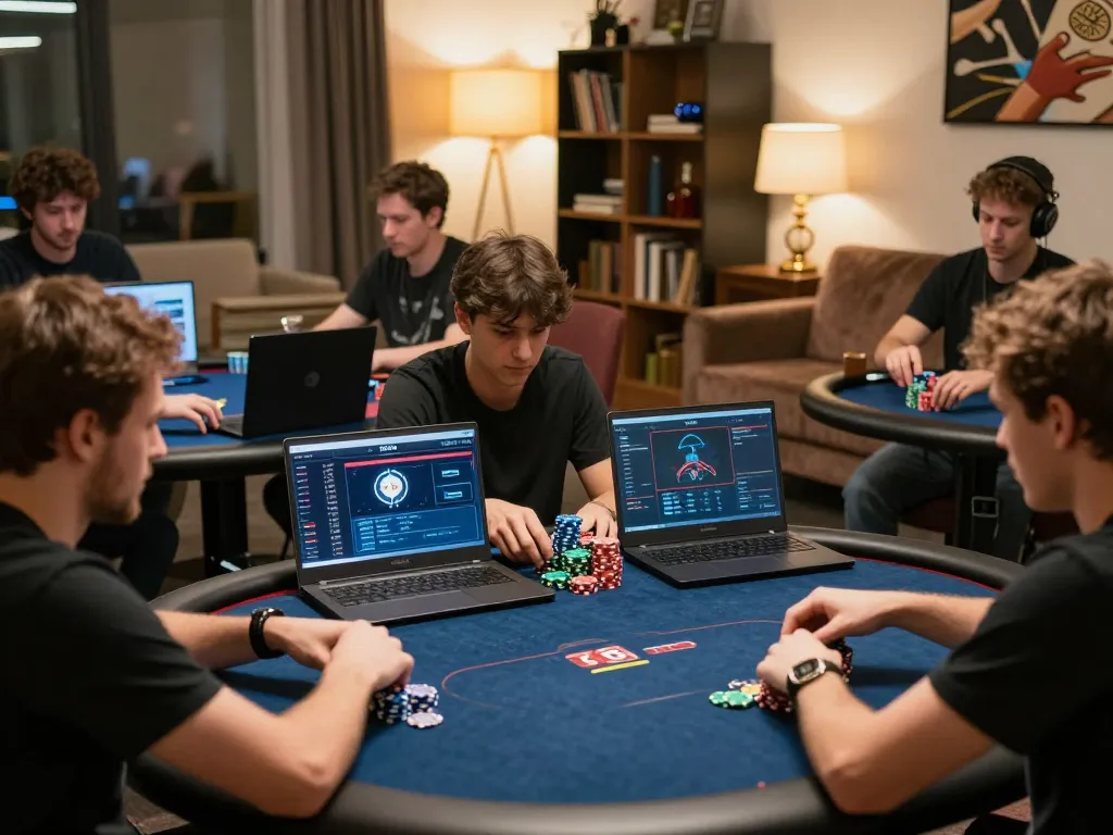 Engaged players at 79KING online poker, showcasing strategic gameplay in a cozy home setting.