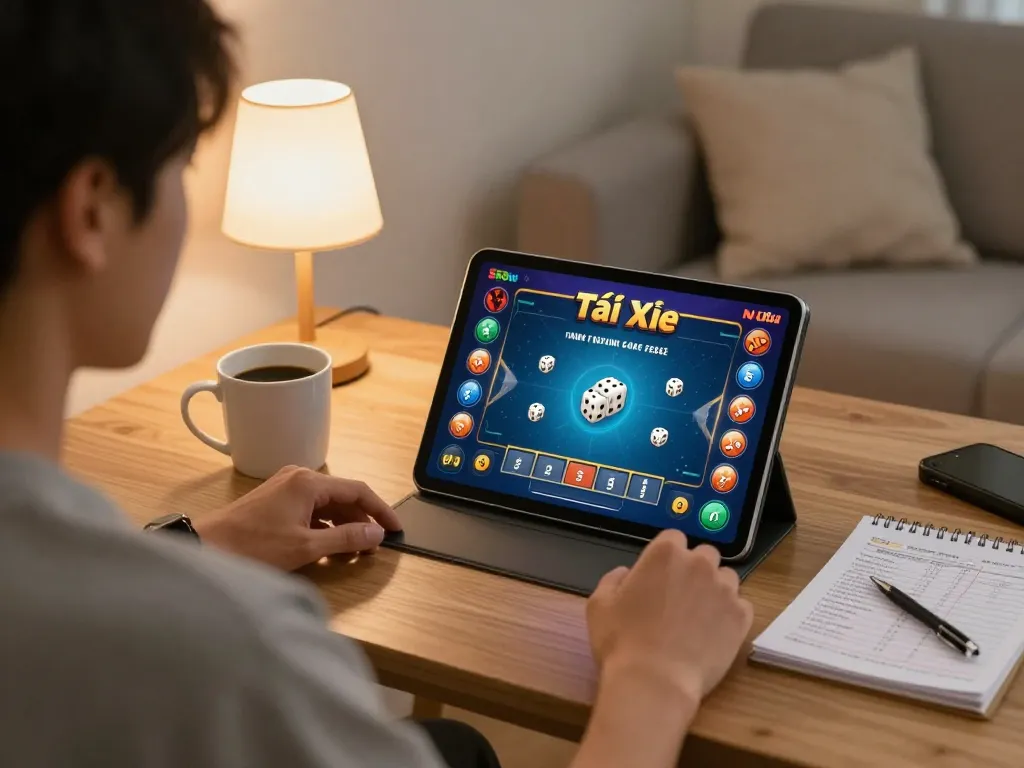 Player enjoying online Tài Xỉu gaming experience on 555win, with cozy home setup and strategy notes