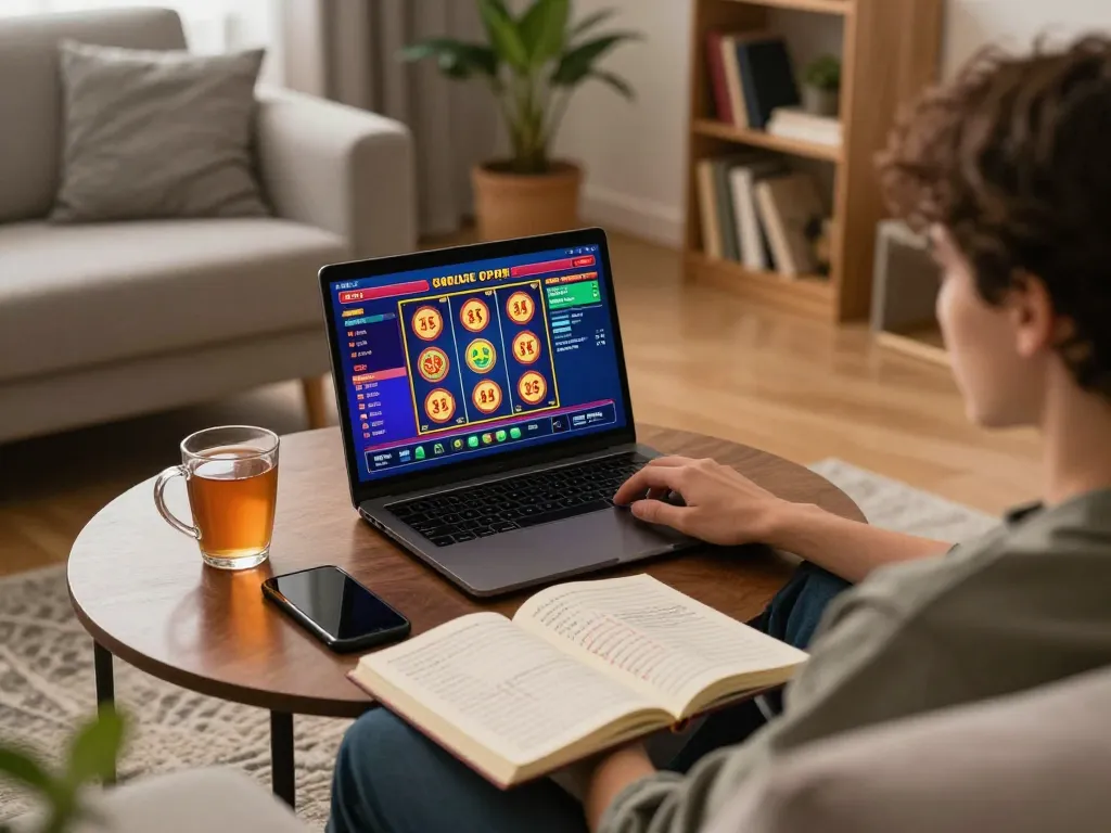 Engaging with HI88 online casino gaming on a laptop with strategic notes in a cozy home setting