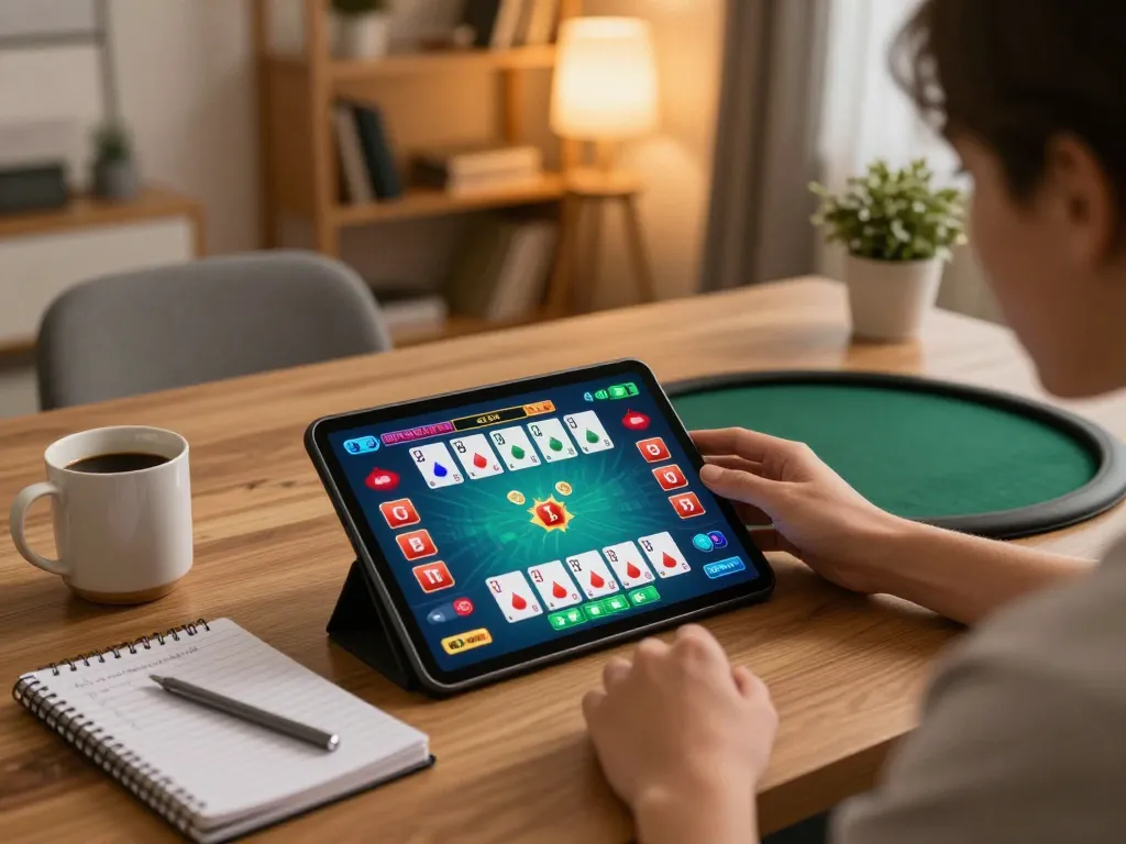 Engaging in a thrilling online poker game on vin777, showcasing strategic gameplay and cozy home atmosphere.