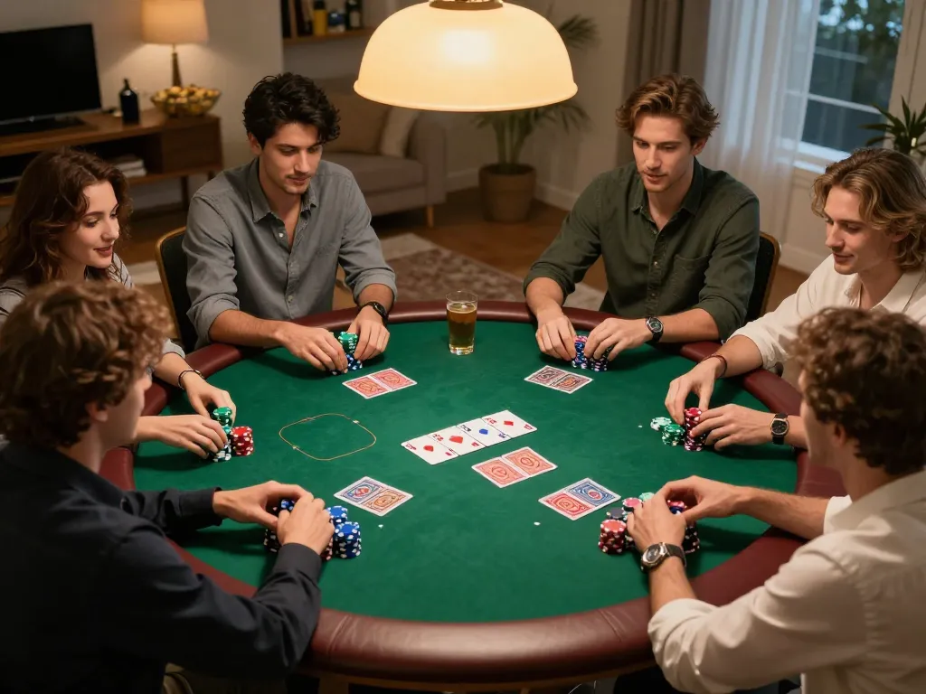 Friends playing poker at home, engaging in a lively game of Texas Hold'em with chips and community cards, showcasing 98win.