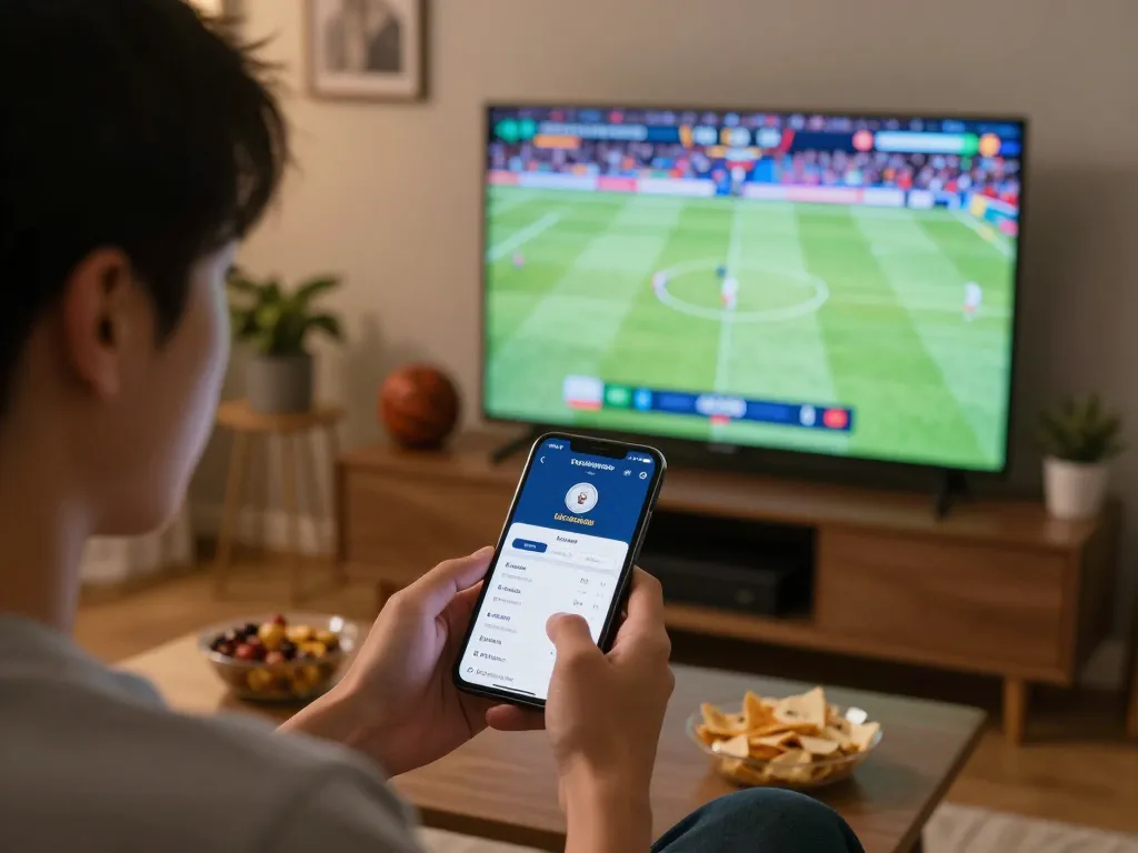 Tỷ lệ kèo nhà cái hôm nay active betting action with a mobile app in modern living room.