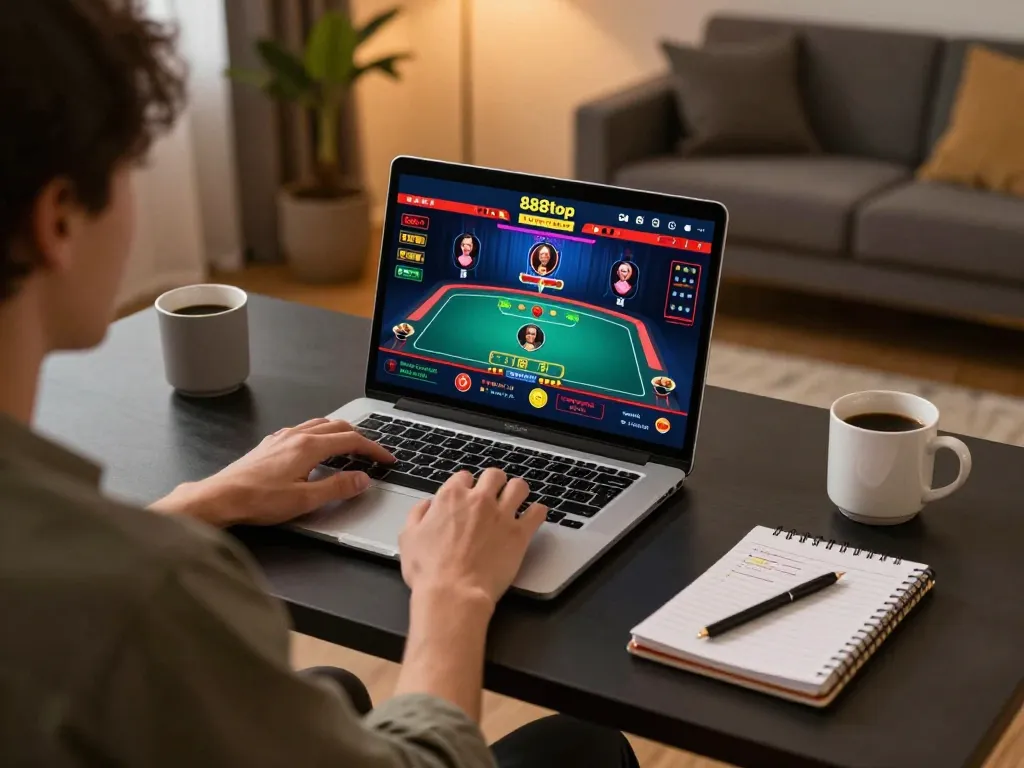 Engaging online gaming experience at 888top showing a player enjoying a live dealer game