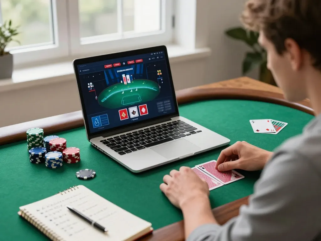 Player strategizing on nk88 poker game interface during online session.