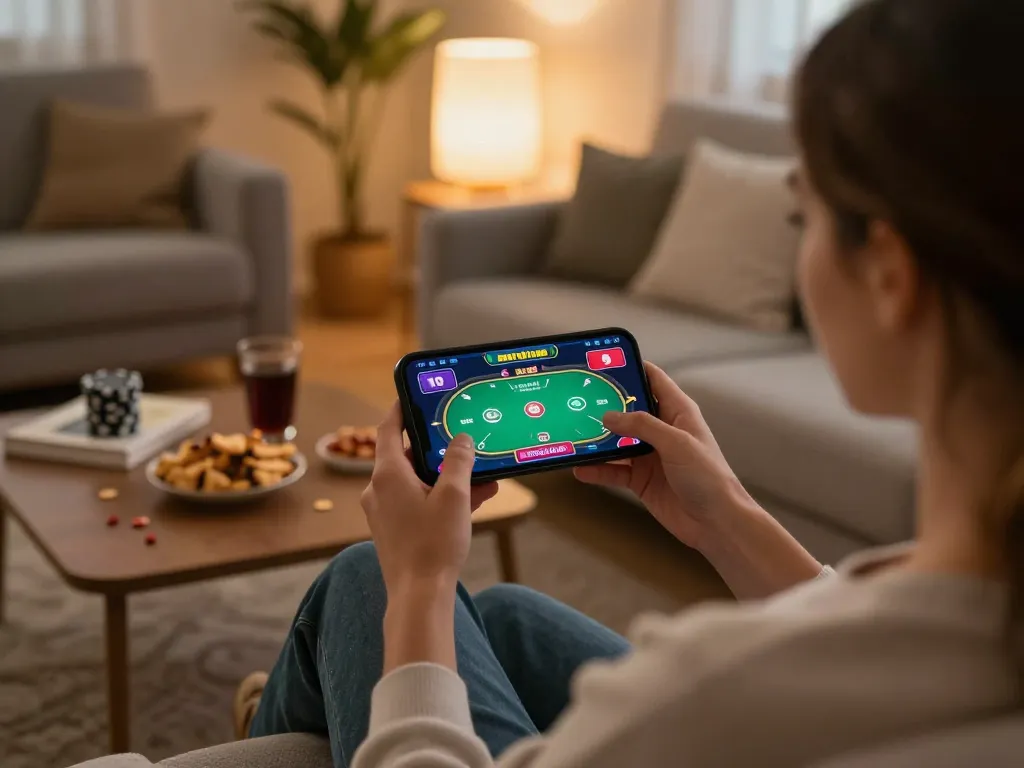 KUWIN player enjoying an online poker game on a smartphone while relaxing at home.