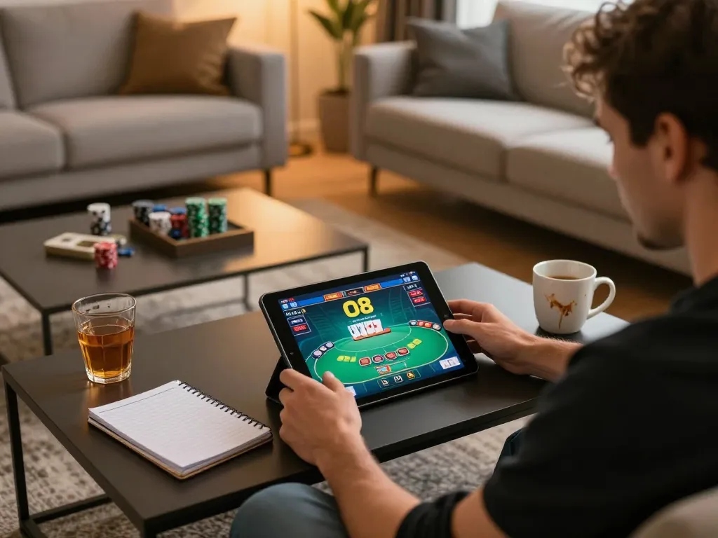 Player enjoying O8 poker game online with cozy home setting and strategy notes.