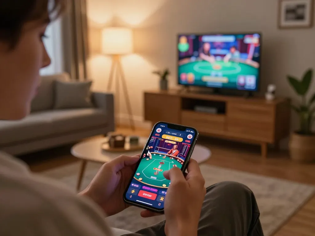 Gambling enthusiast engages with the gk88 mobile app for an exciting poker experience, cozy living room setting.