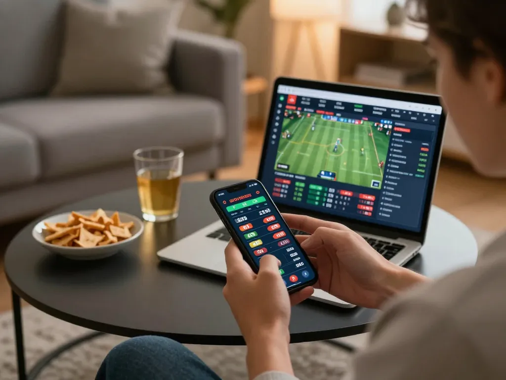 Engaging in sports betting on 78win with live updates on smartphone and laptop.