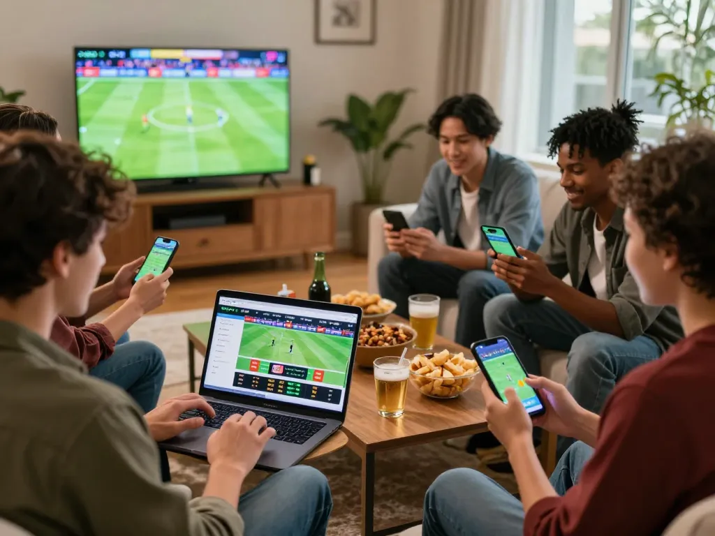 Exciting group betting experience at home with friends, showcasing the Website Topbet interface on screens, sports excitement, and a lively atmosphere.