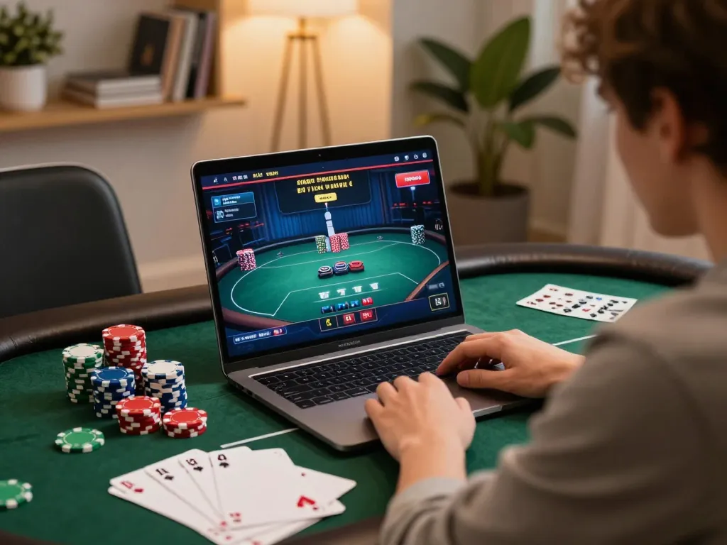 Player engaging in online poker at ALO8, surrounded by colorful chips and strategic notes.