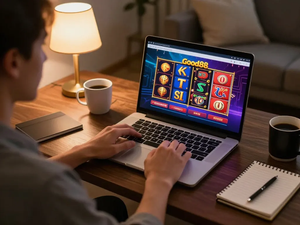 Engaging with Good88's online casino platform from a cozy home setup, showcasing vibrant game graphics