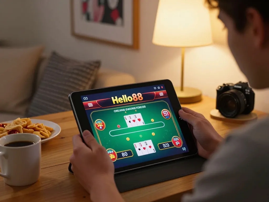Hello88 player engaging in online poker with an inviting setup, focused on strategy and responsible gambling.