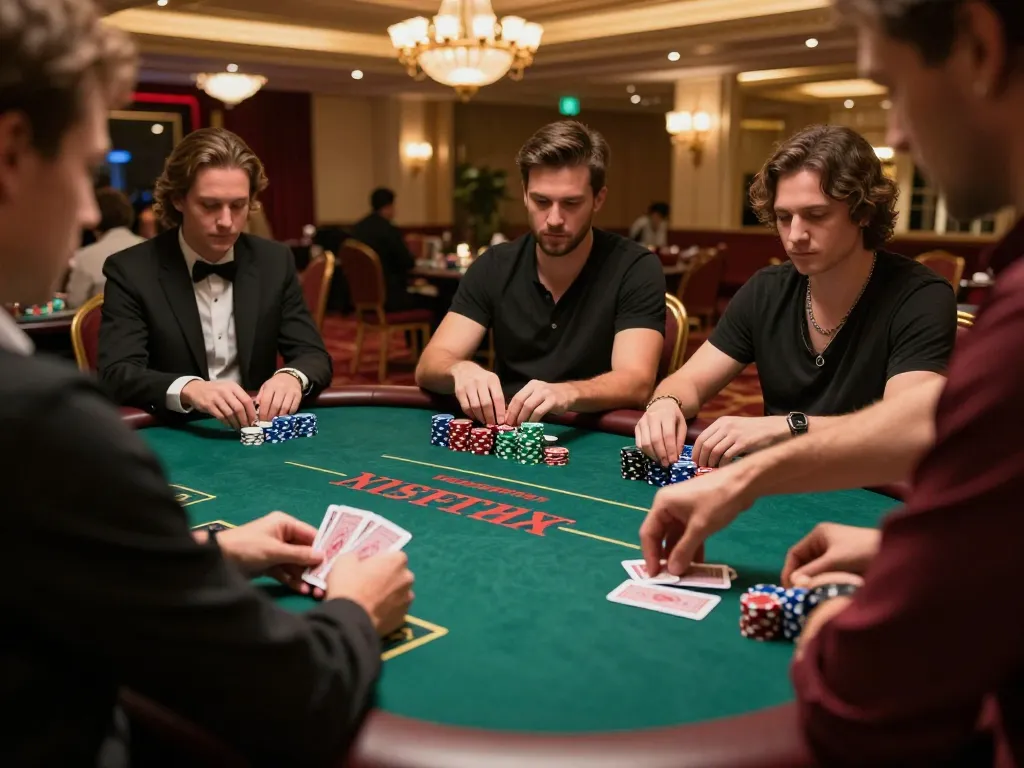 Engaged players strategizing during a poker game at WIN68 casino, showcasing intense gameplay.