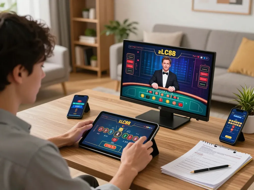 Play online casino games with LC88 on a tablet in a cozy home setting.
