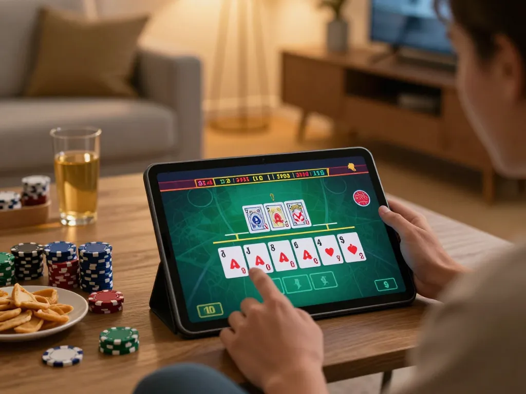 Engaged player enjoying nk88 online blackjack, highlighting interactive gaming experience at home.