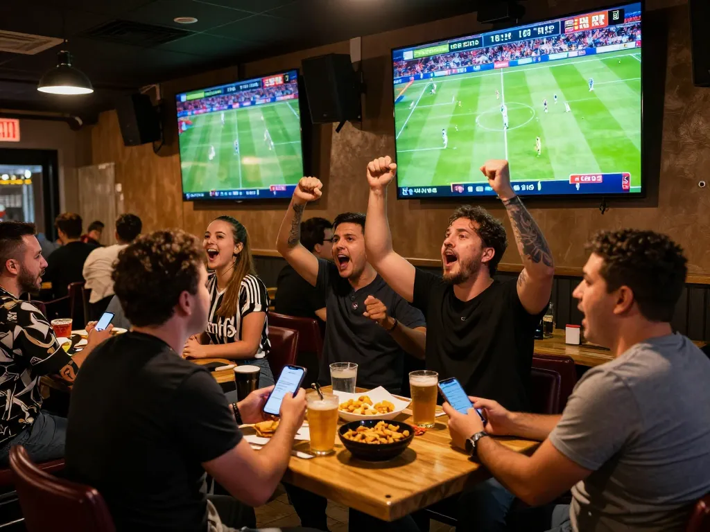 Watch trực tiếp bóng đá Real Madrid with friends in a lively sports bar, cheering and placing bets.