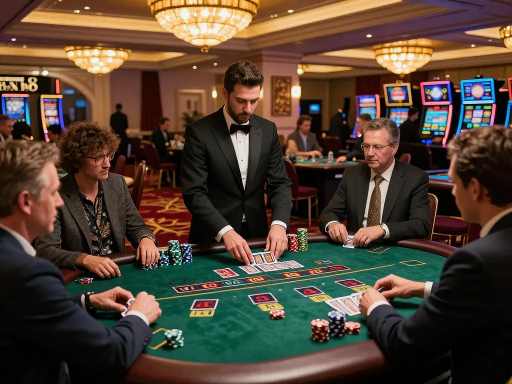 Players engaged at a blackjack table in a luxurious casino atmosphere showcasing strategic moments in C181 gaming