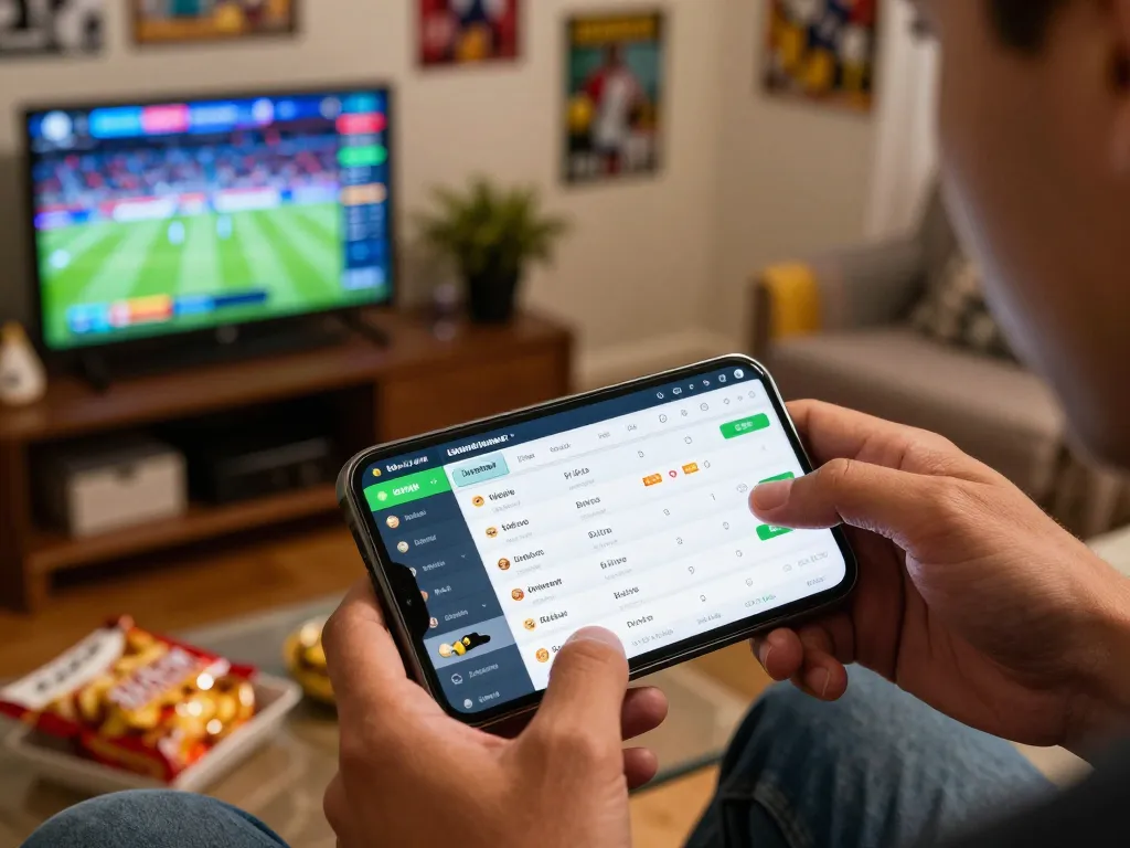 Monitoring tỷ lệ kèo on a smartphone while engaging in sports betting at home.