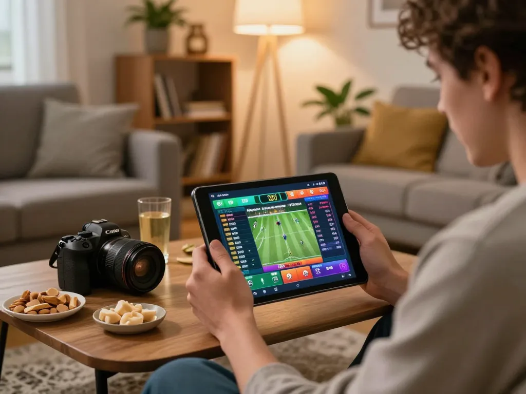 Engaging in sports betting on 789win using a tablet in a cozy home environment.