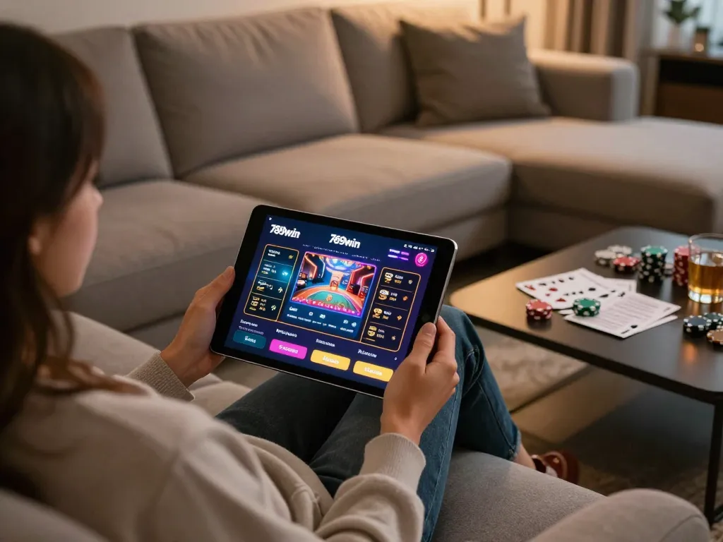 Engaging with the 789win link for exciting online gaming in a cozy home setup.