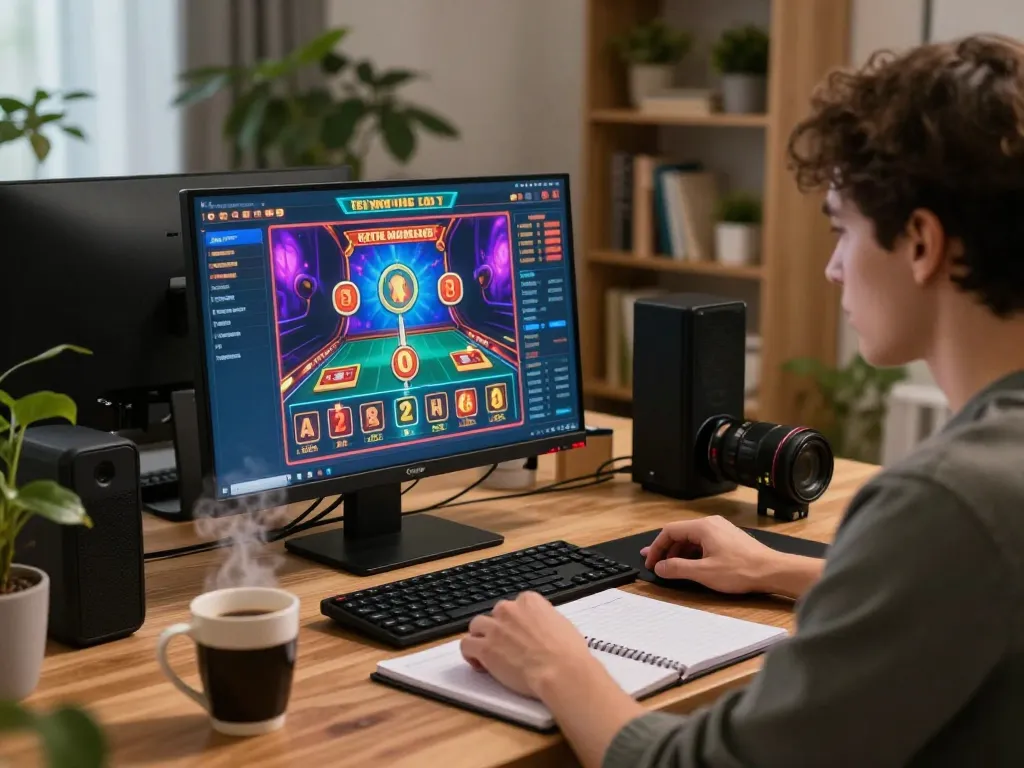58win online gambling setup with player engaged in strategic betting on desktop, cozy home office atmosphere