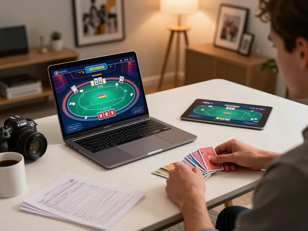 Engaging poker gameplay on 68win in a stylish home office, showcasing a thoughtful player's strategy and game interface.