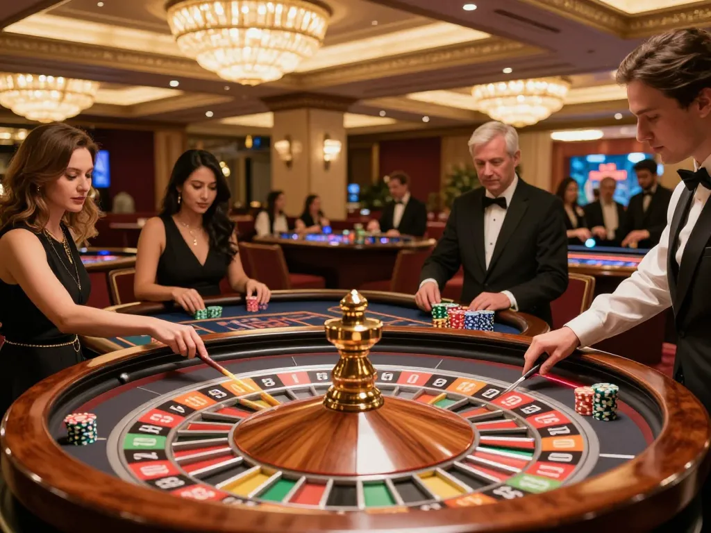 Players engaging at a roulette table in a luxurious casino, showcasing an exciting atmosphere around 789WIN.