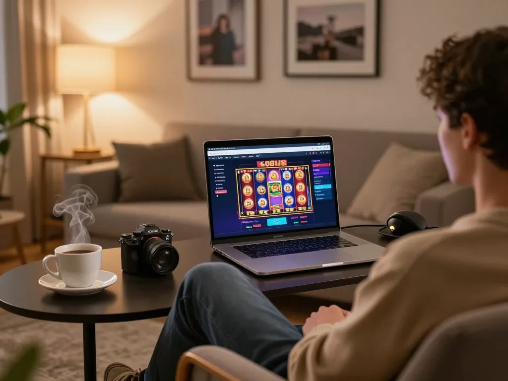 Engaging user experiencing go88 online gaming platform in cozy home, capturing the enjoyment of slot games.