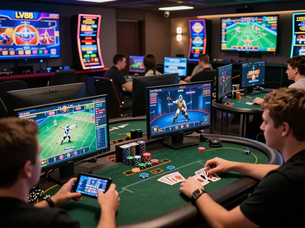 Players engaging in exciting games on the LV88 online gambling platform, showcasing high-stakes action amidst modern gaming setup