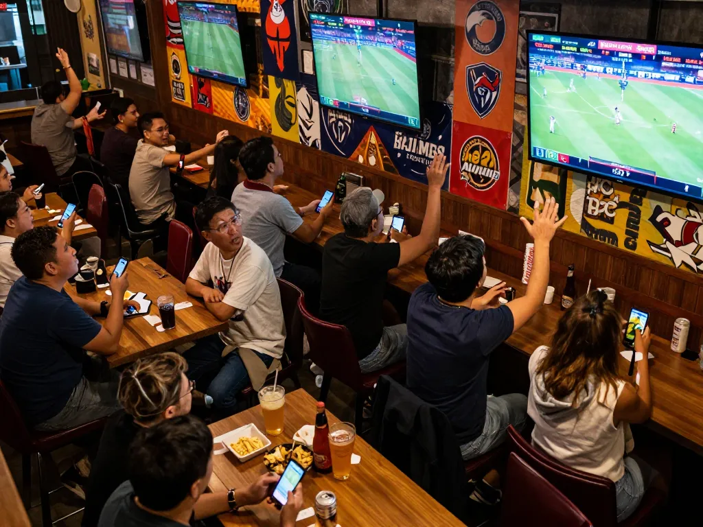 Kèo nhà cái action at a sports bar with fans placing live bets during an exciting event.