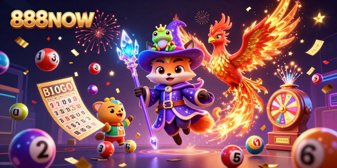 Play thrilling games with 888NOW in this vibrant digital illustration filled with lottery and casino excitement.