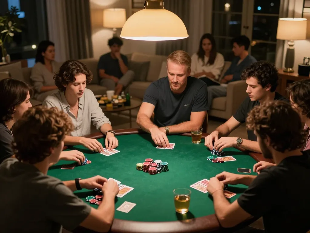 Players enjoying a game of poker at home while engaging in lively competition and strategy, LV88 featured.