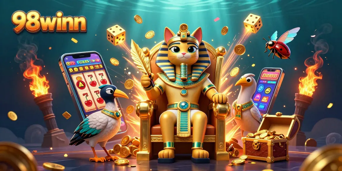Engage with the thrilling jackpot at 98winn featuring a pharaoh cat amidst casino games.