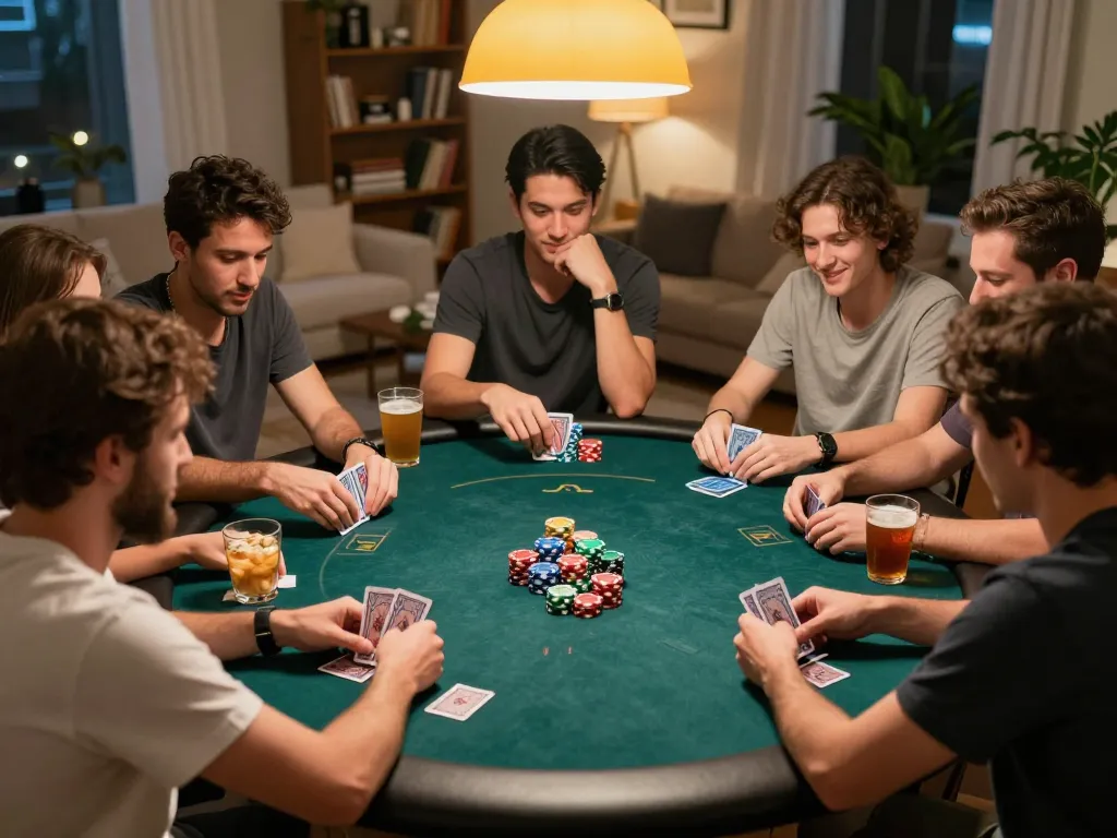Fly88 players enjoying a lively home poker night surrounded by snacks and drinks.