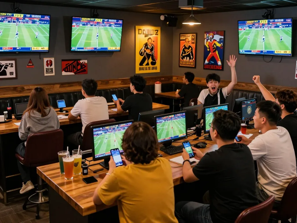 Customers at a sports bar engaging in live betting for JUN88, intense excitement in a social setting.