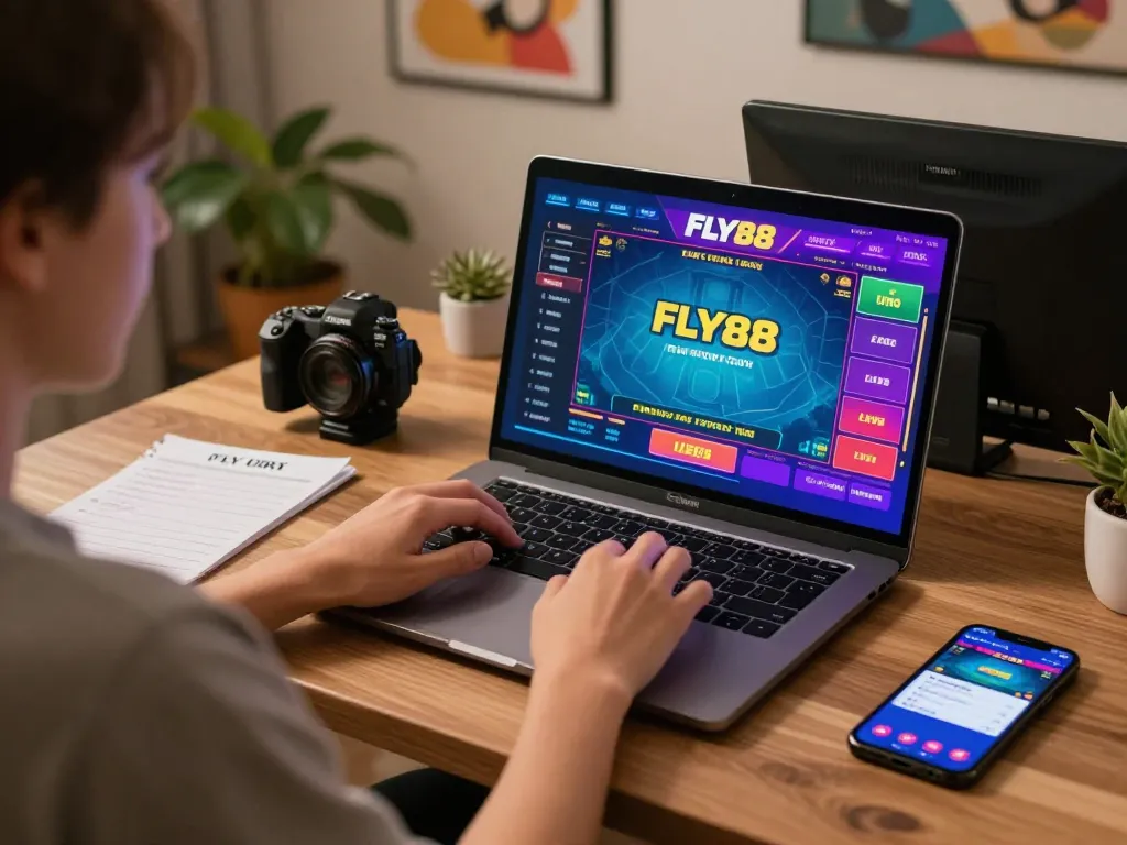 Playing FLY88 online slots at a cozy home workspace, showing gaming interface and betting notes.