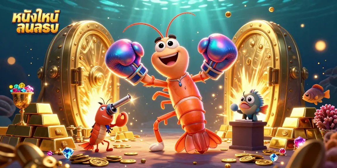 Experience the thrill of หนังใหม่ชนโรง with a dynamic scene featuring vibrant shrimp characters and treasure elements.