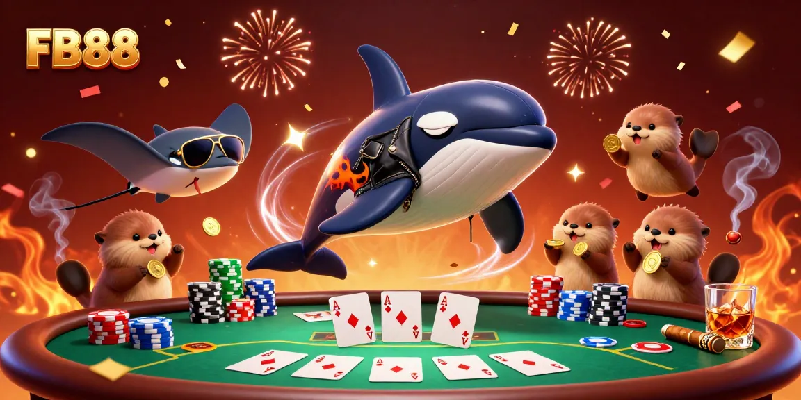 Engage in thrilling casino action at FB88 with orca biker, stingray, and otters celebrating wins!