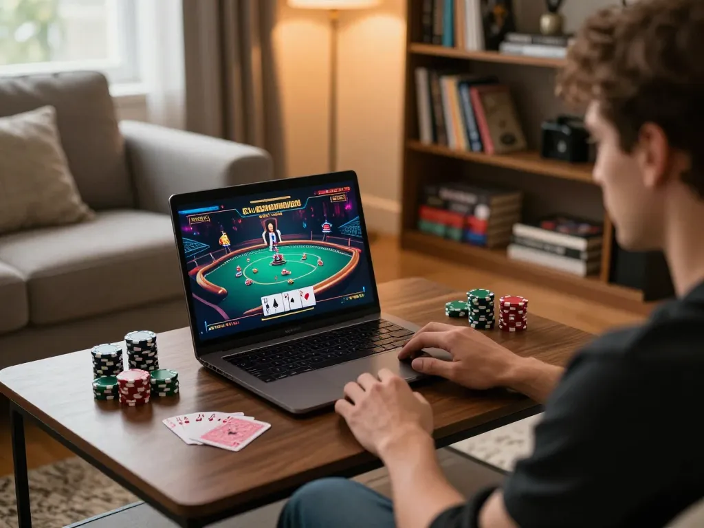 SV368HN user enjoying an engaging online poker session on their laptop in a cozy home environment