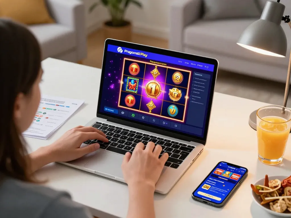 Engaging with Pragmati Play slots on a laptop in a cozy home gaming environment.