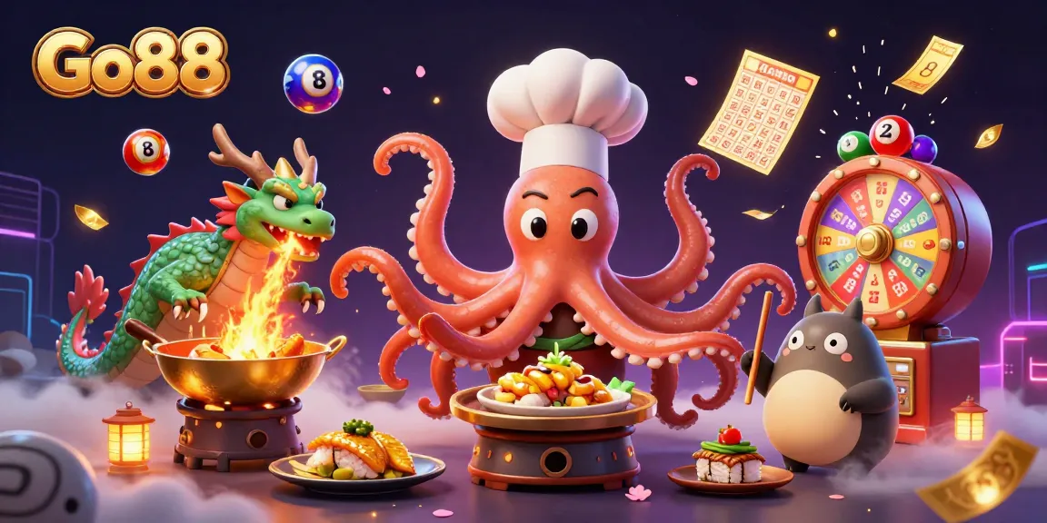 Go88 showcases a vibrant 3D scene with a sushi chef octopus and a dragon, celebrating a festive gaming atmosphere.