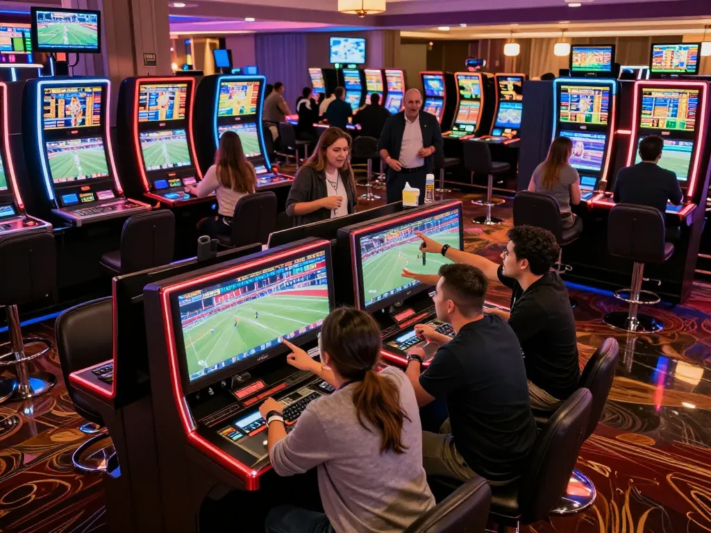 Engaging friends placing bets in a 7m sports betting area with live odds on screens
