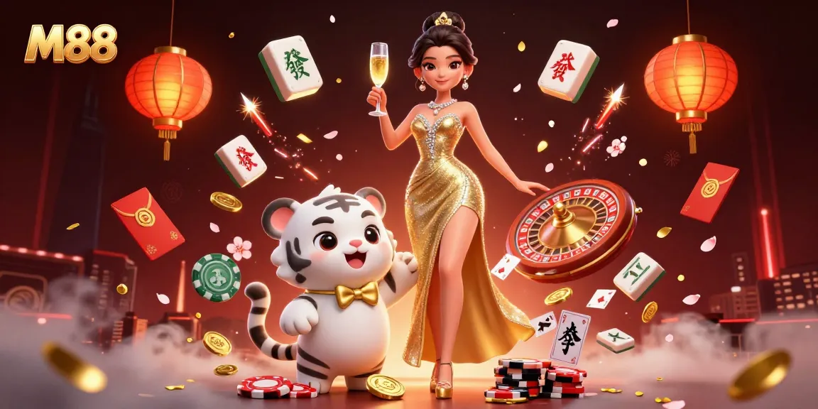 M88 attracts players with a glamorous woman celebrating winning moments beside a lucky tiger cub amidst dazzling casino elements.