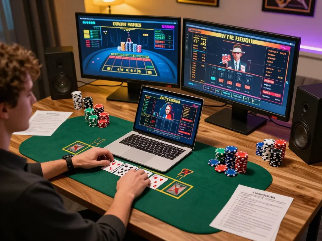 Engaging in strategic online blackjack at New88 from a cozy home setup, showcasing excitement and responsibility.