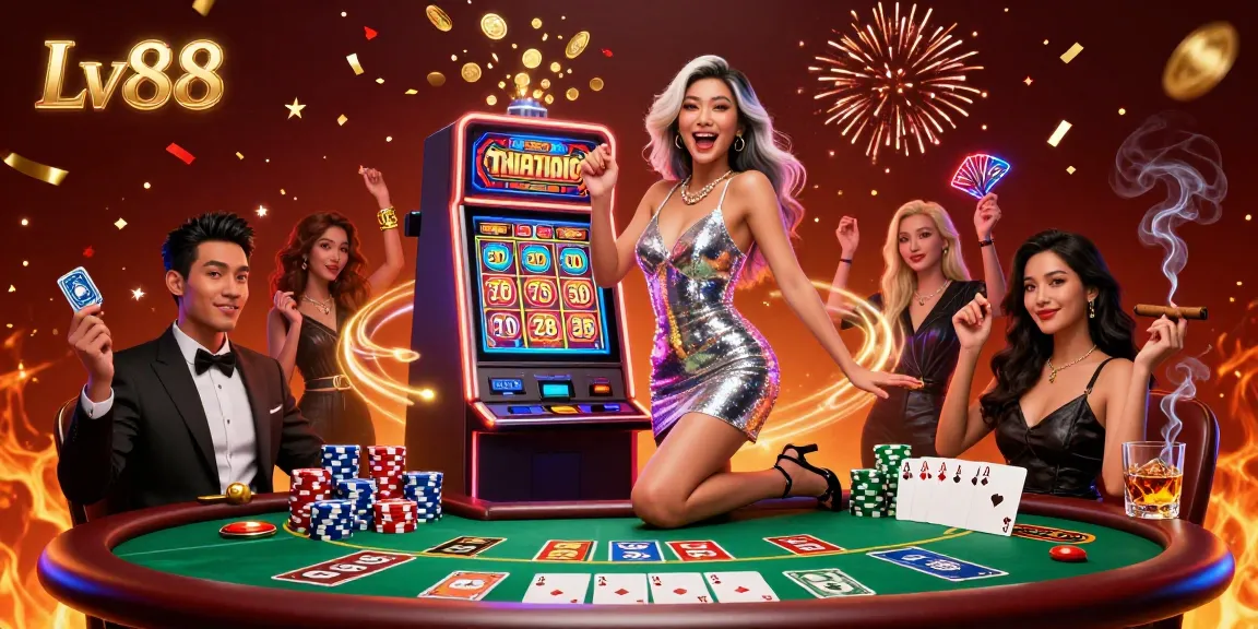 Celebrate winning at Lv88 with an excited player beside a jackpot slot machine.