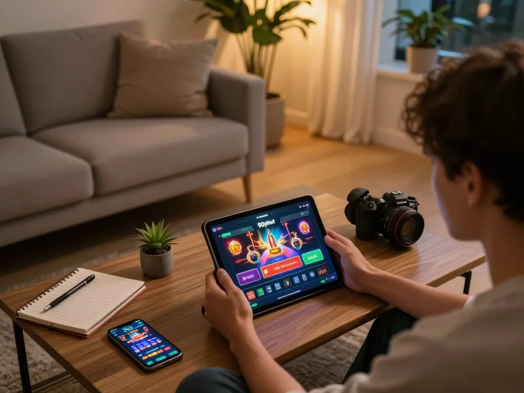 90phut online gaming setup showcasing vibrant betting options on a tablet in a cozy living room.