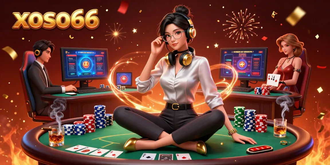 XOSO66 casino gaming scene showcasing an elegant Asian woman at a high-tech setup, celebrating winning strategies.