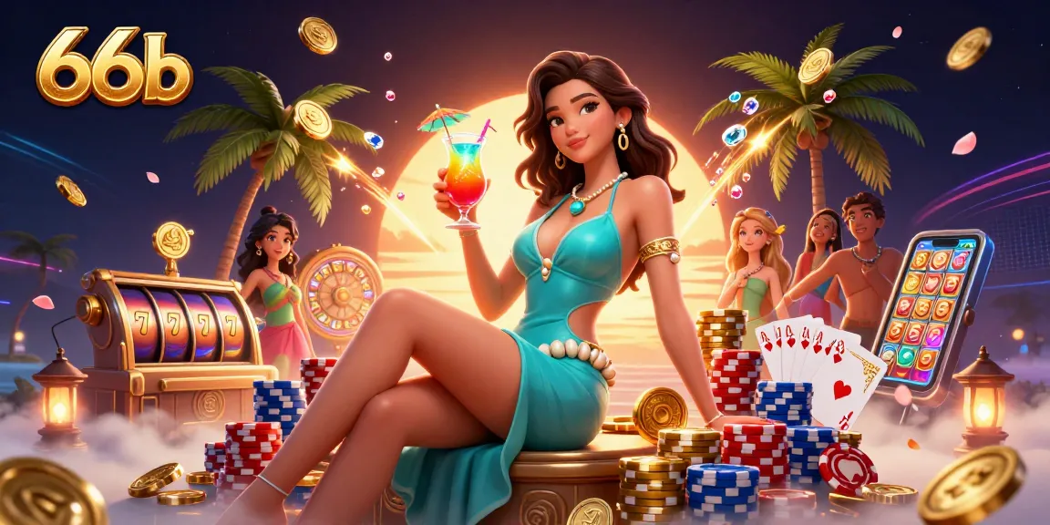 Experience the thrill of winning at 66b with a glamorous casino illustration, showcasing vibrant slot reels and tropical elements.