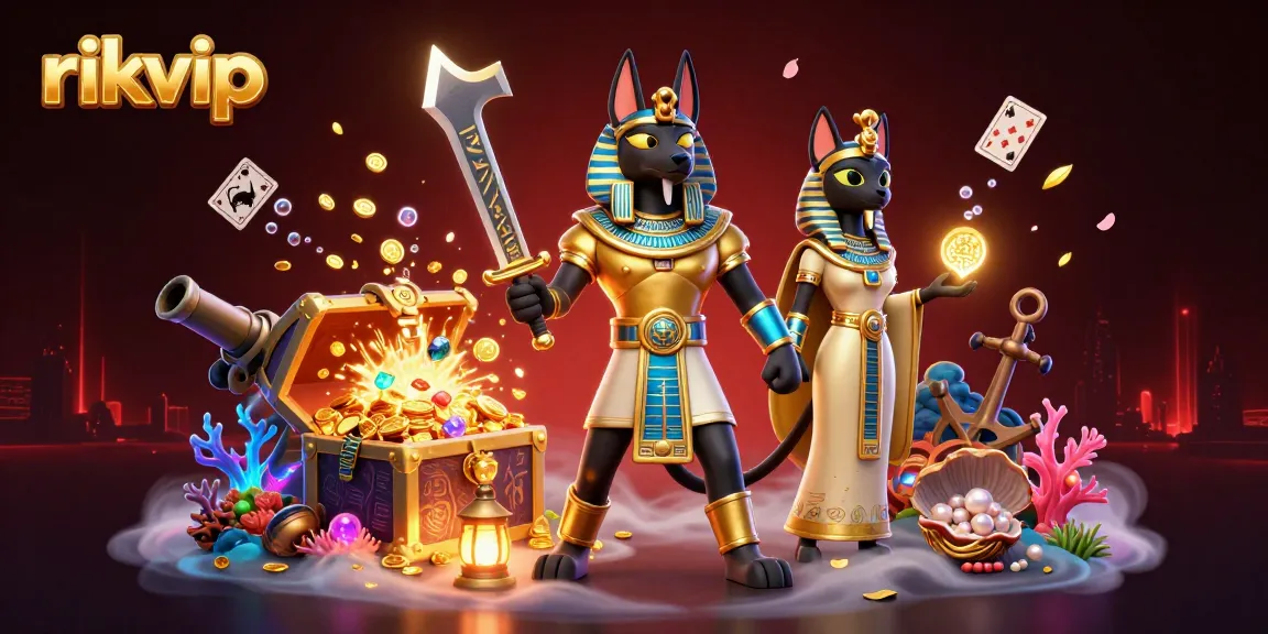 Play exciting games at rikvip with Anubis and Bastet surrounded by precious treasures and casino elements.