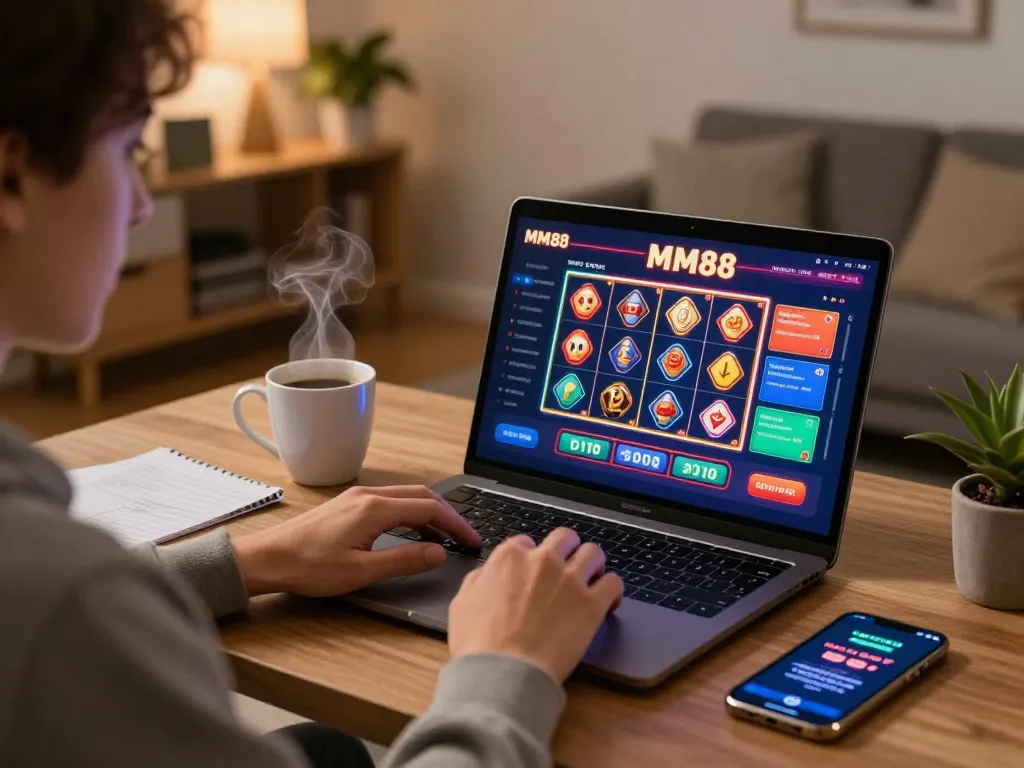 Engaging in MM88 online casino gaming, displaying vibrant gameplay and strategic notes.